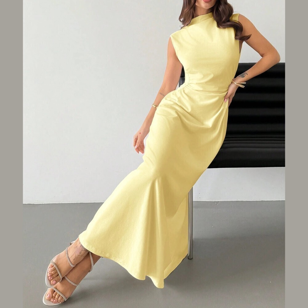 Pale Yellow Stand Collar Sleeveless Ruched Waist Mermaid Maxi Dress
